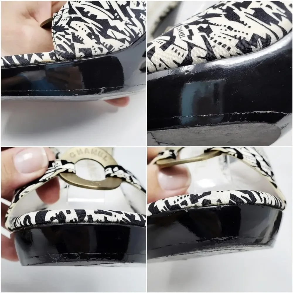 Chanel Canvas Platform Wedge Sandals Ankle Wrap-Around Straps Black White Y2K
